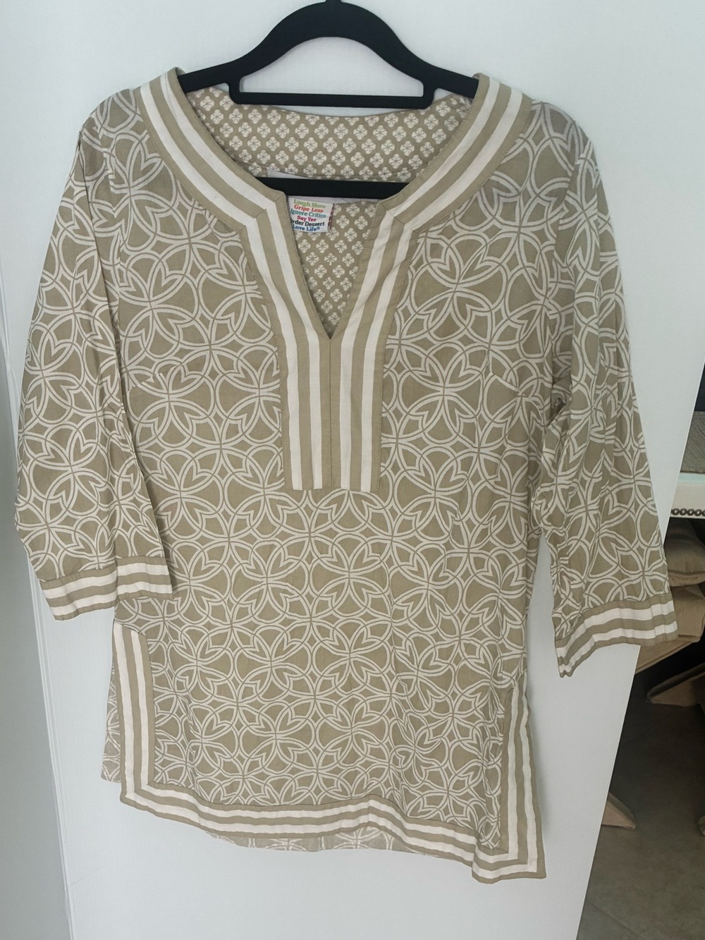 Gretchen Scott Cotton Beige V-neck 3/4 Sleeve Tunic Top Size Small